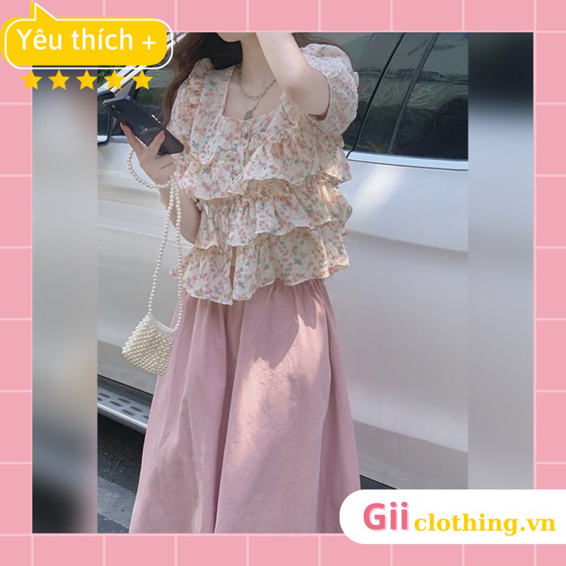 Áo babydoll bèo tầng tiểu thư hoa nhí hồng kết hợp chân váy dài màu hồng phong cách Hàn Quốc hè 2023