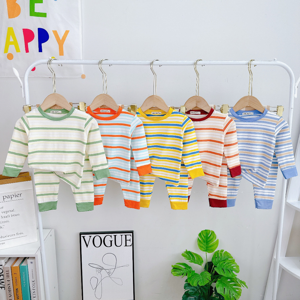 Bộ Dài Tay THUN LẠNH MINKYMOM Sọc Trơn Cạp Thun Bo Gấu Cho Bé 8-26kg