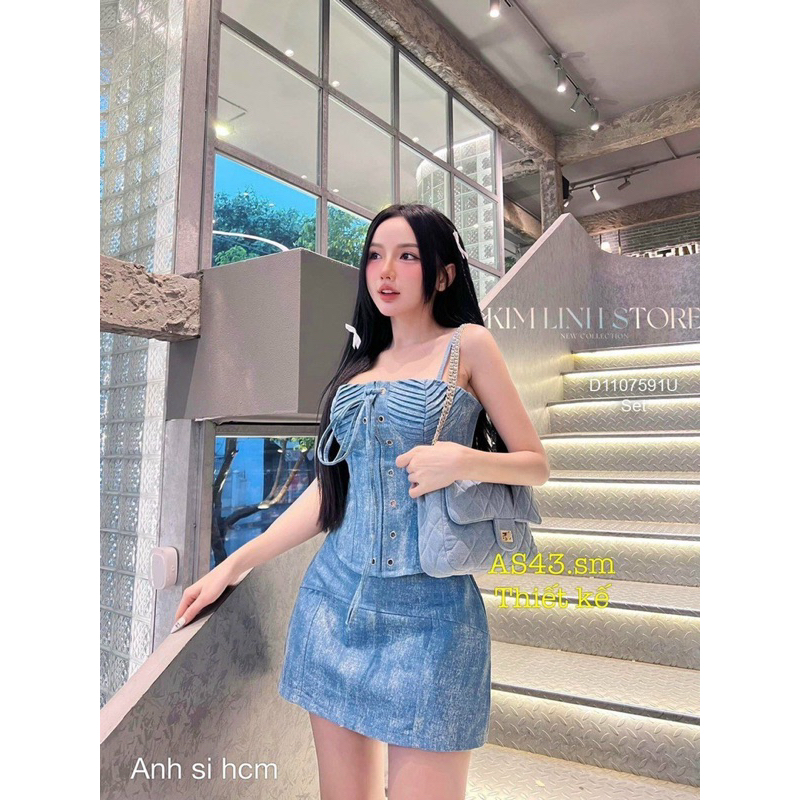 Set bộ áo jean đan dây phối chân váy xòe cá tính VIENS STORE