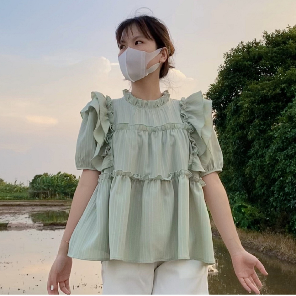 Áo bèo babydoll tay cộc,vạt cánh tiên Liluta chất đũi gân - A05