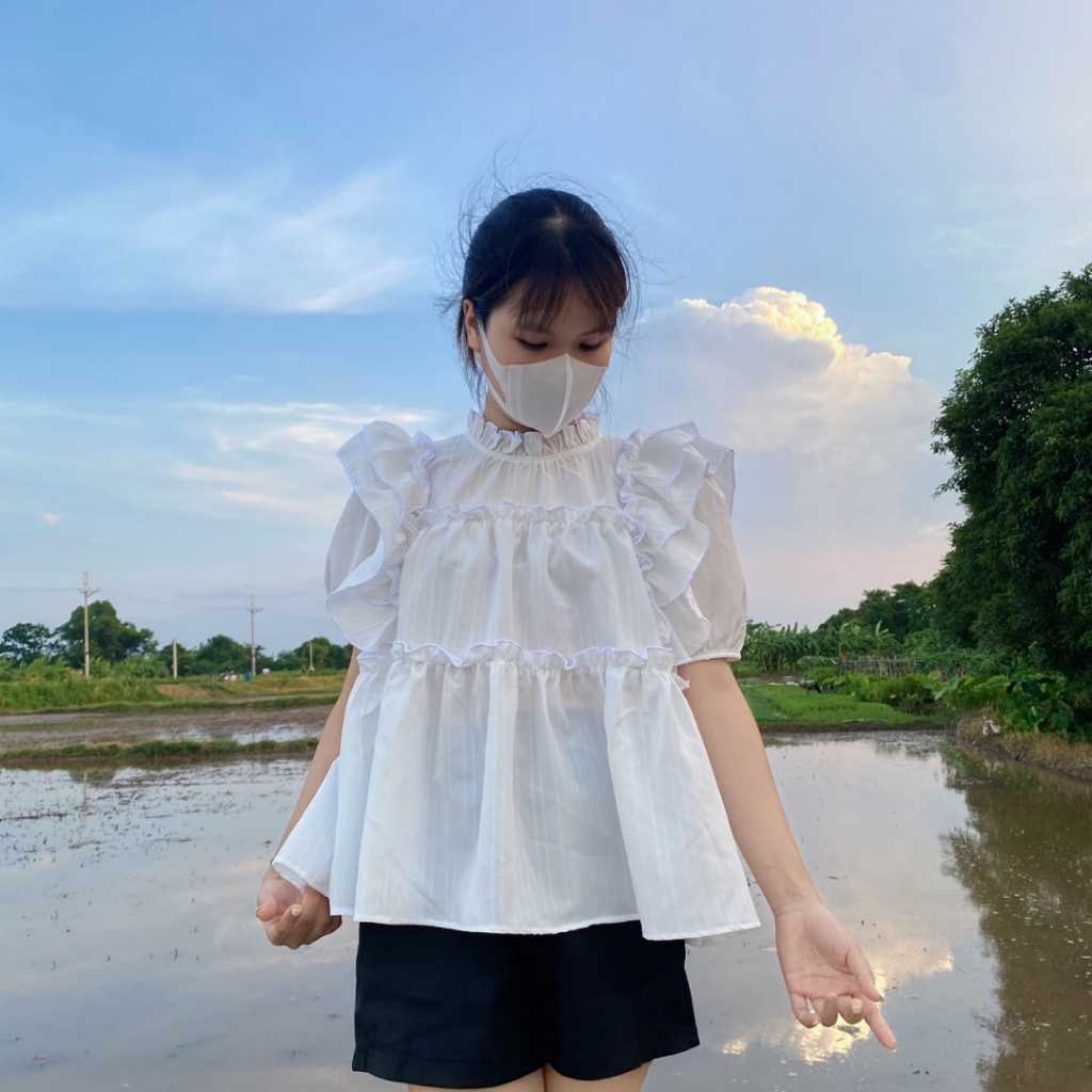 Áo bèo babydoll tay cộc,vạt cánh tiên Liluta chất đũi gân - A05