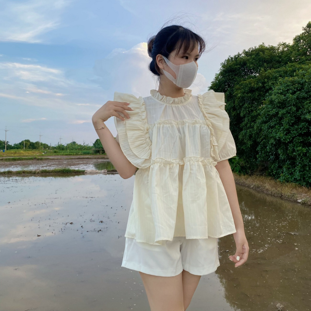 Áo bèo babydoll tay cộc,vạt cánh tiên Liluta chất đũi gân - A05