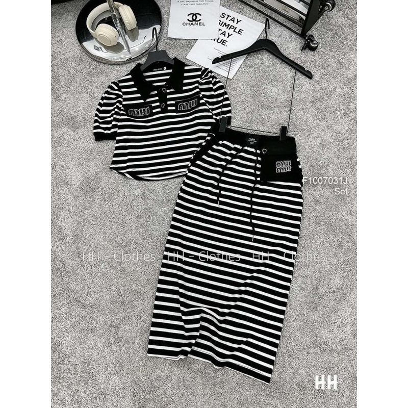 Set bộ áo croptop sọc phối chân váy dáng dài cá tính VIENS STORE