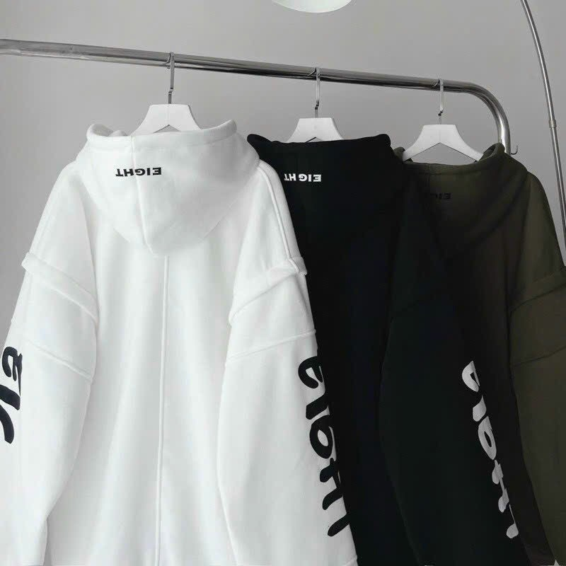 Áo Khoác Hoodie Nam Nữ Form Rộng Họa Tiết EIGHT Có Nón Rộng 2 Lớp Vải Chính Phối Tay Phồng Nách Rộng Dày Dặn Chống Nắng