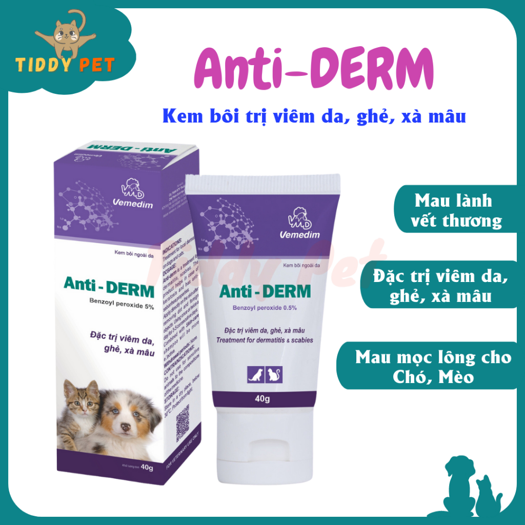 Anti Derm - Kem Bôi Viêm Da, Ghẻ, Xà Mâu Cho Chó Mèo Tuýp 40g - Tiddy Pet Shop