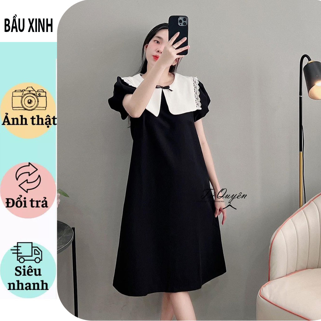 VÁY ĐẦM BẦU ĐẸP-VÁY BẦU THIẾT KẾ DÁNG SUÔNG CỔ VUÔNG TIỂU THƯ VẢI CÁT HÀN MỀM MỊN MẶC BẦU VÀ SAU SINH