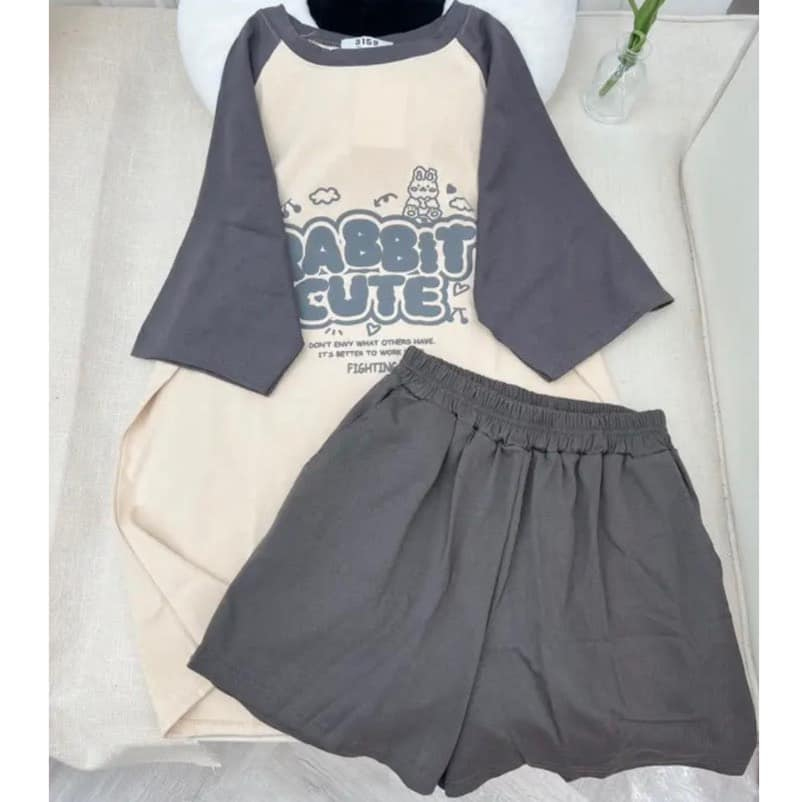 Bộ quần đùi áo thun unisex nữ tay lỡ form rộng chất cotton su in chữ CUTE CAMA STORE B30