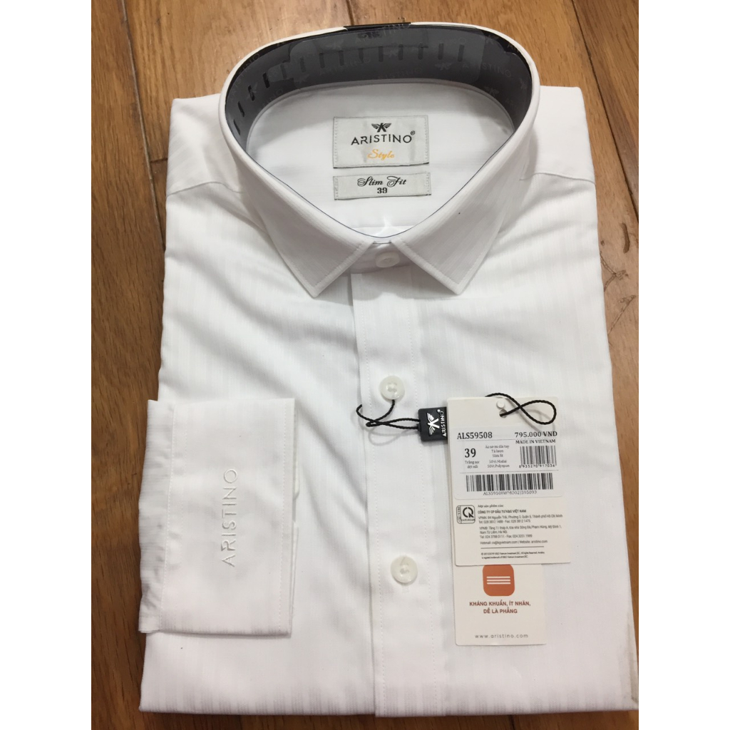 Sơ mi nam dài tay Aristino ALS59508 dáng slimfit, màu trắng dệt sọc nổi, sợi sồi modal, tà lượn, không túi