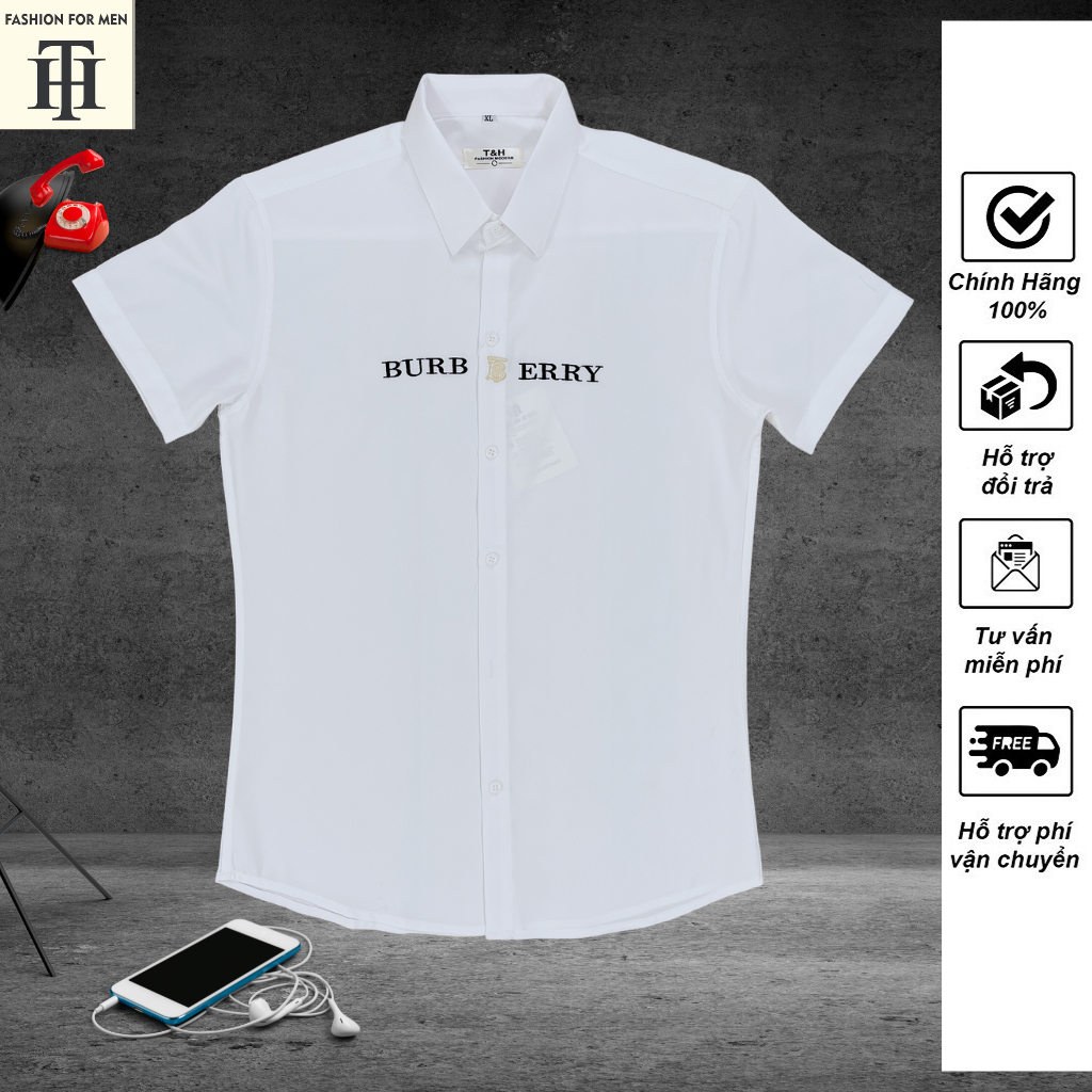 Áo sơ mi nam TH thêu họa tiết đẹp chữ burbery