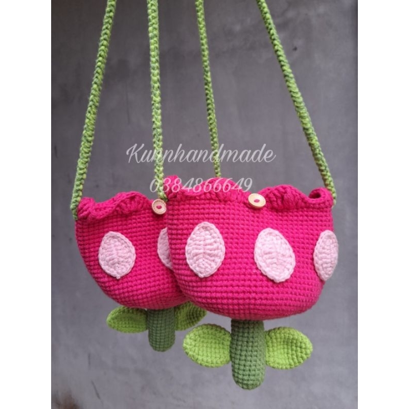 Túi len móc handmade cây hoa tulip dễ thương túi đeo chéo dành cho mẹ và bé gái