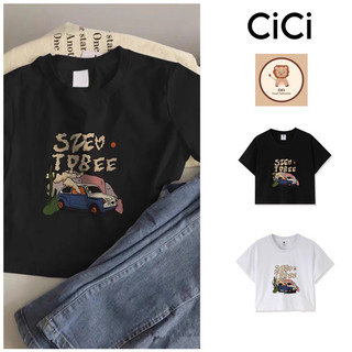 Áo kiểu thun xe hơi cotton cổ tròn tay ngắn siêu ngầu cho nữ