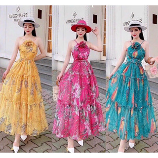 Đầm maxi mặc đi chơi biển thời trang hót, đầm cổ yếm đính hoa mocking chất vải voan hoa chiffon,