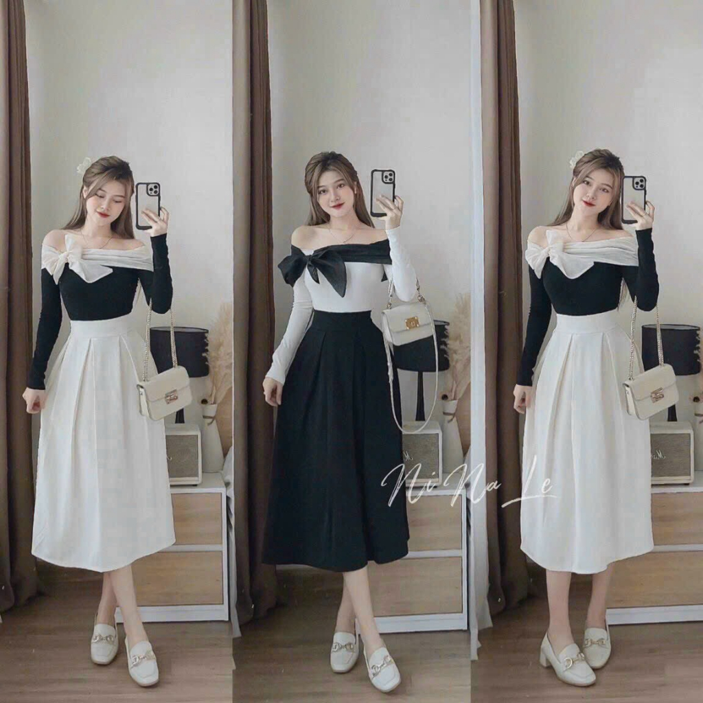Set váy áo trễ vai tay cột nơ tay dài mix chân váy dáng dài thời trang dành cho các nàng đi chơi,dự tiệc nàng thơ QC