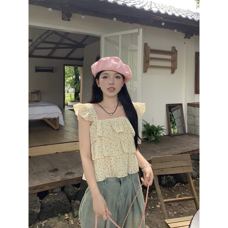 Áo voan hoa nhí kiểu nữ Xếp 3 tầng Baby doll Bánh bèo Hàn Quốc Áo voan kiểu nữ Bánh bèo Nữ tính