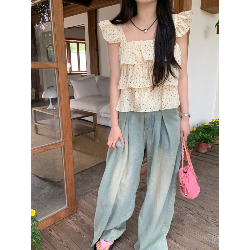 Áo voan hoa nhí kiểu nữ Xếp 3 tầng Baby doll Bánh bèo Hàn Quốc Áo voan kiểu nữ Bánh bèo Nữ tính