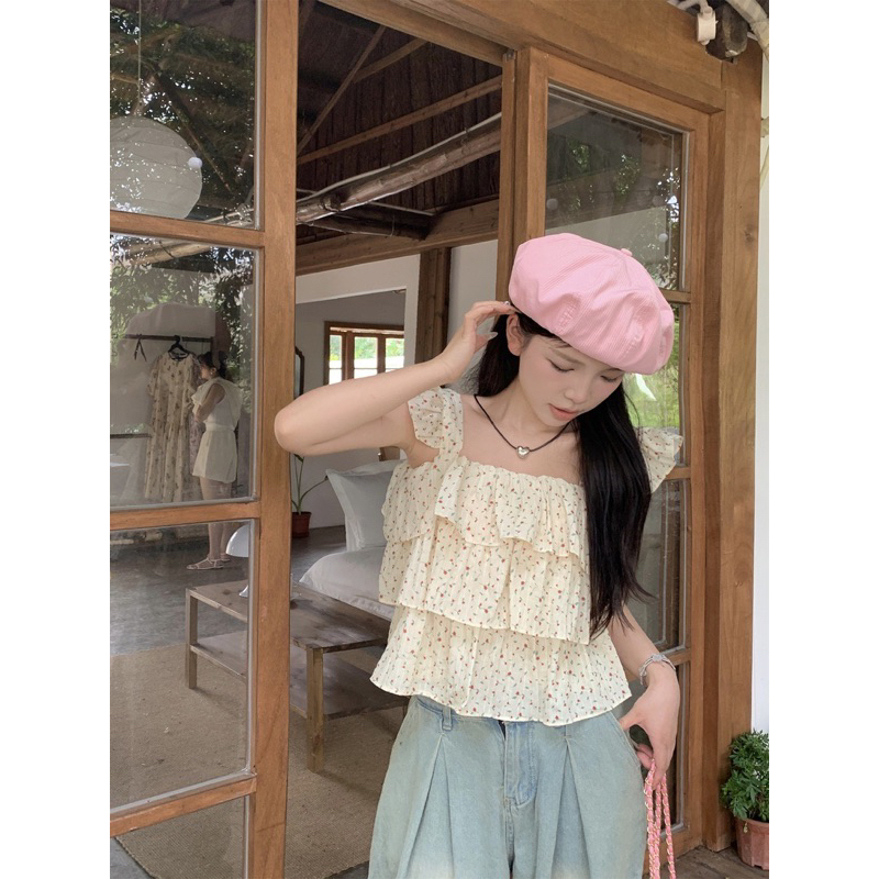 Áo voan hoa nhí kiểu nữ Xếp 3 tầng Baby doll Bánh bèo Hàn Quốc Áo voan kiểu nữ Bánh bèo Nữ tính