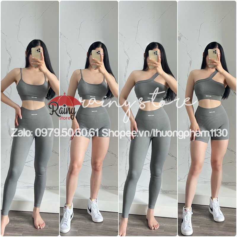 Bộ Tập Gym Bo.Tee Dệt Gân Glacier Bra Chéo Quần Dài Không Chun Mông