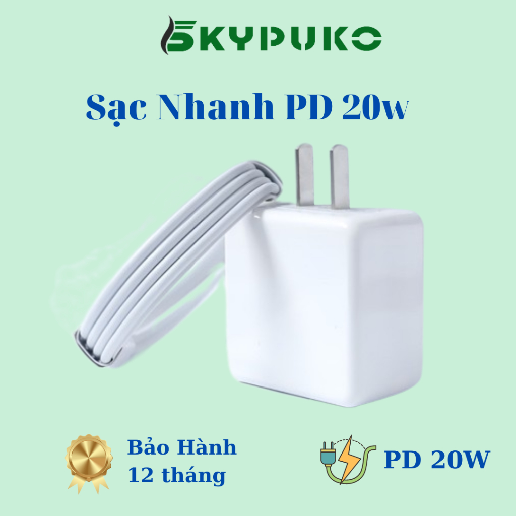 Bộ Cục Cáp Sạc Nhanh PD 20W, Cam Kết Tốc Độ Sạc, Không Nóng Máy, Bảo Hành 12 Tháng, Phụ Kiện SKYPUKO