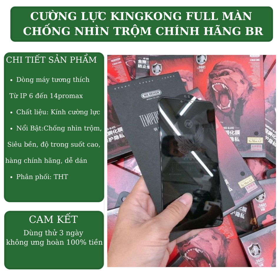 Cường Lực iphone KINGKONG Full Màn Chống Nhìn Trộm cho Iphone 7/8/x/xs/xsmax/11/12/13/14/15/pro/promax