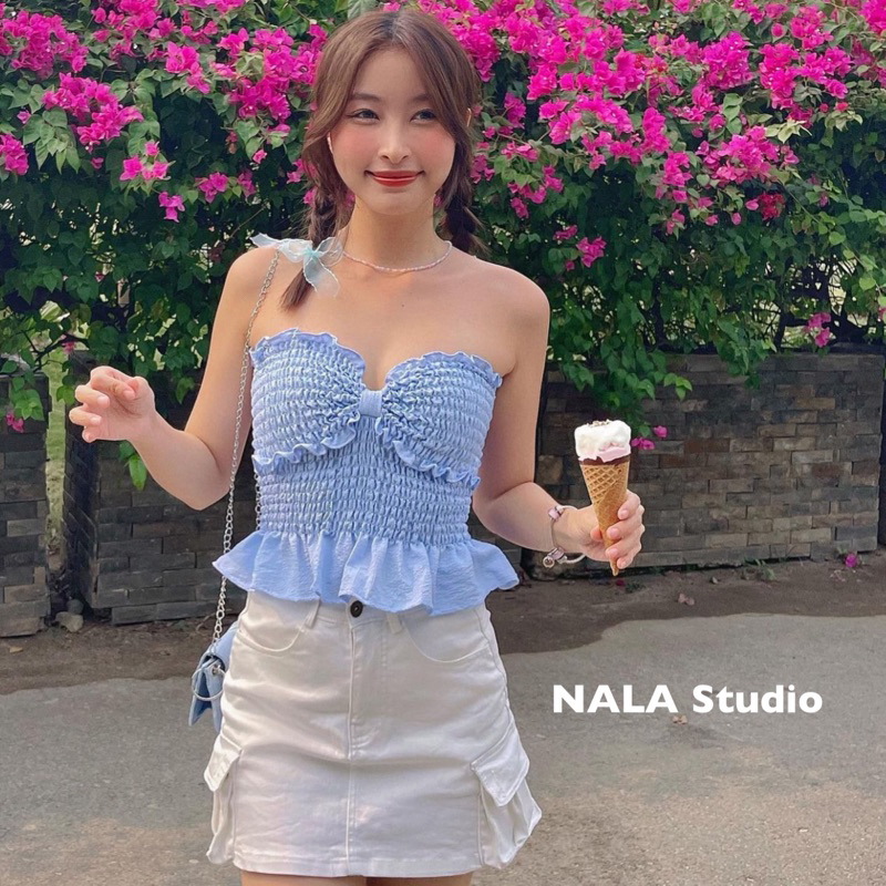 Áo ống cúp ngực kiểu nhún bèo thắt nơ dáng croptop Barbie Bow Top