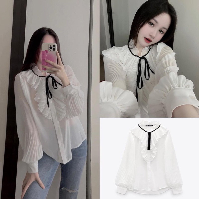 Áo sơmi nữ dài tay cổ tầng có nơ hàng xuất dư Zara phong cách Hàn Quốc tiểu thư form rộng công sở, đi học