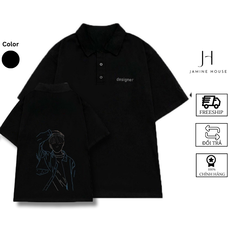 Áo Thun POLO Cổ Trụ JAMINE HOUSE Hình Thêu DESIGNER Ulzzang và Unisex