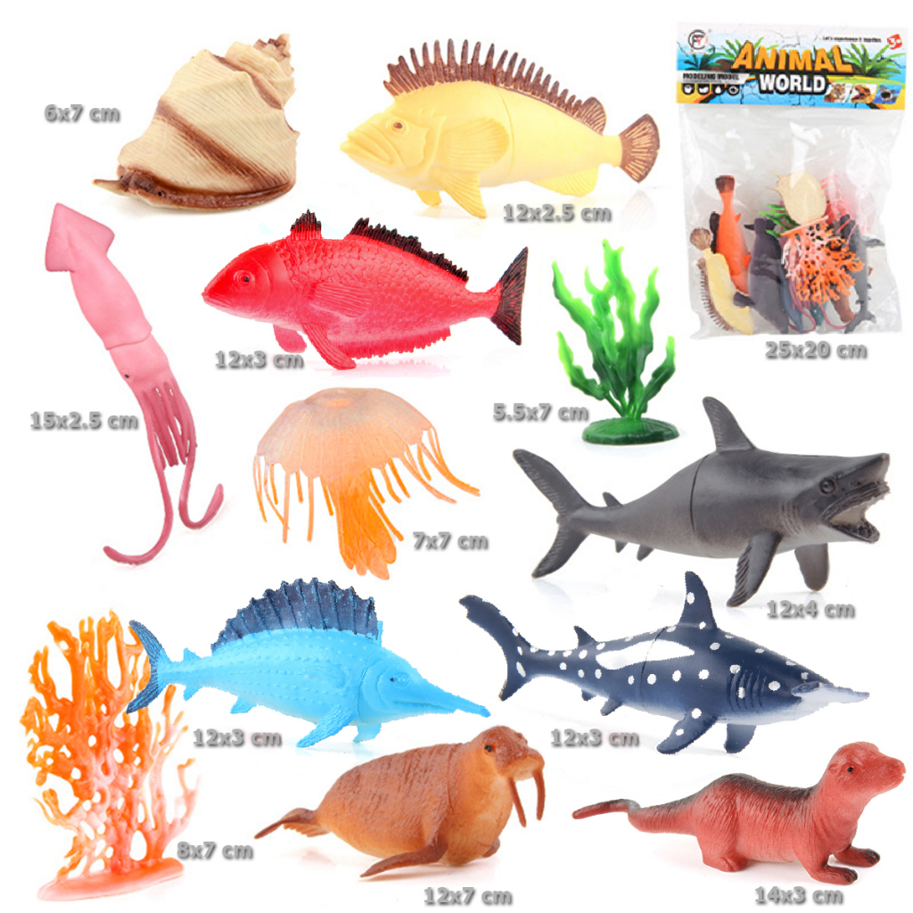 Bộ 12 đồ chơi Cá Biển Ốc Mực Hải Cẩu Cá Mập Cá Heo Ocean World Fish nhựa dẻo 12 chi tiết cho bé mang đi biển, tắm hồ bơi