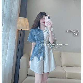 Đầm sơ mi phối jean nắp túi rút eo hiện đại 1107