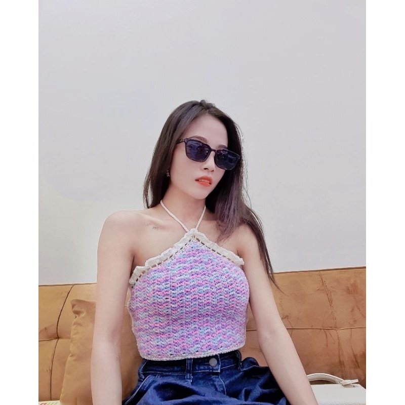 Áo yếm croptop móc len, áo yếm tam giác thắt nơ sau lưng, áo đi biển mùa hè