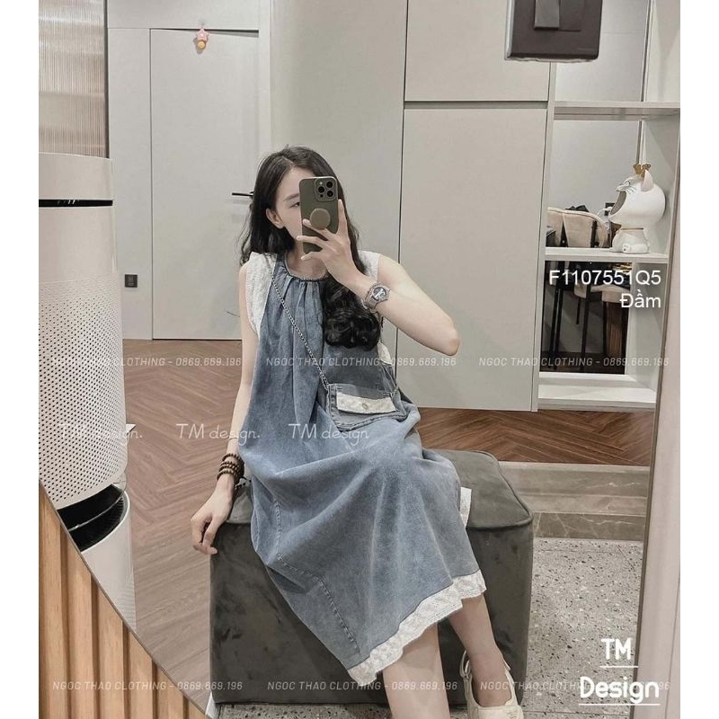 Đầm jean suông sát nách viền ren trắng xinh 1107