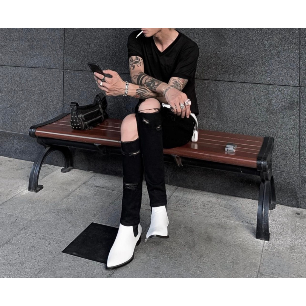 THE DAKANA Monochrome Chelsea Boots, Giày Bốt Nam Trắng Đế Đen Cao 5cm Da Bò nguyên tấm khâu gót gỗ Bảo Hành 12 tháng