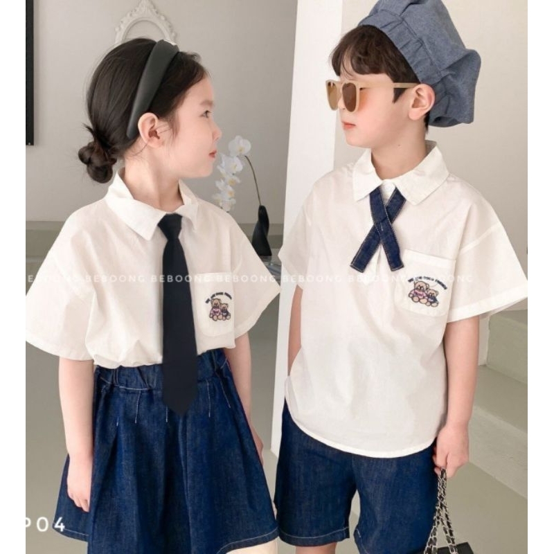 (Quần áo bé trai và gái) Bộ áo sơ mi kèm quần và chân váy jean chuẩn học sinh cho bé trai và bé gái 12-25kg