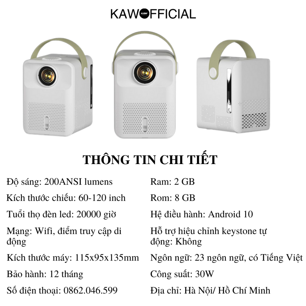 Máy chiếu mini KAW kết nối wifi, bluetooth, dễ dàng kết nối điện thoại, máy tính, sử dụng trong gia đình