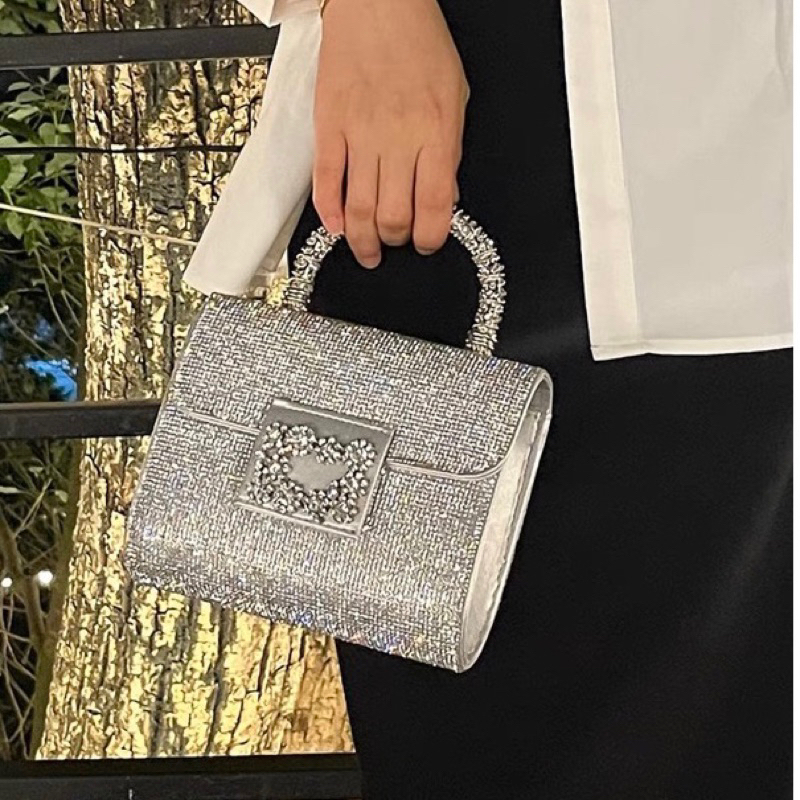 🌺ORDER 🌺Túi xách quai cầm kim loại đá bạc & denim size 19,5 cm