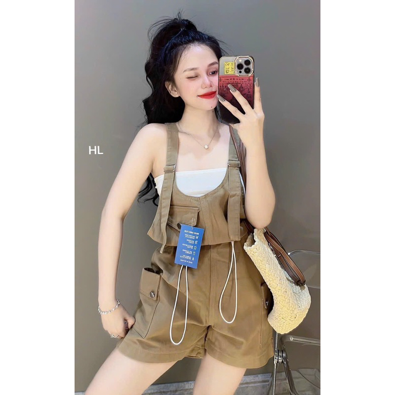 Yếm đùi nâu Tây kaki rút eo T2023