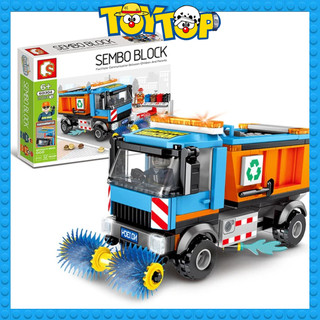 Đồ chơi lắp ghép sembo lắp ráp xe ô tô quét dọn đường, thu gom rác thành phố xếp hình 601304