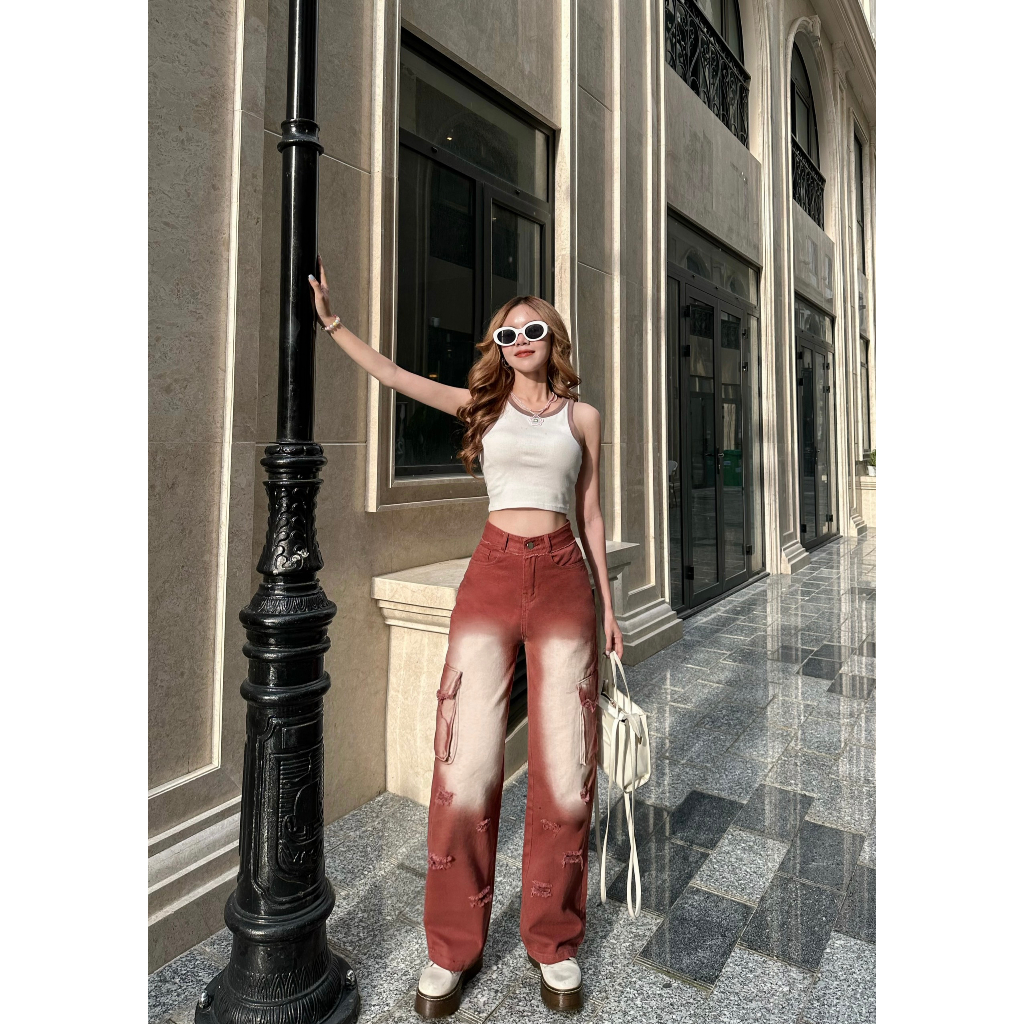 [ORLA139]QUẦN JEANS ỐNG RỘNG NỮ LƯNG CAO 2 TÚI NẮP HÔNG PHỐI RÁCH ĐÙI MÀU TRẮNG ĐEN NÂU LAI CUỐN