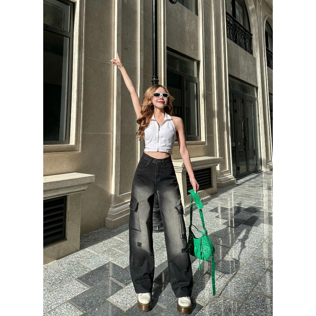 [ORLA139]QUẦN JEANS ỐNG RỘNG NỮ LƯNG CAO 2 TÚI NẮP HÔNG PHỐI RÁCH ĐÙI MÀU TRẮNG ĐEN NÂU LAI CUỐN