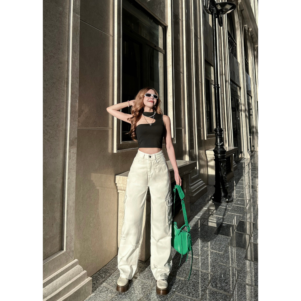 [ORLA139]QUẦN JEANS ỐNG RỘNG NỮ LƯNG CAO 2 TÚI NẮP HÔNG PHỐI RÁCH ĐÙI MÀU TRẮNG ĐEN NÂU LAI CUỐN