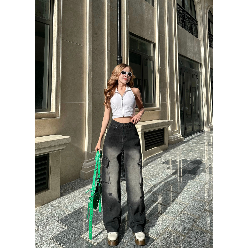 [ORLA139]QUẦN JEANS ỐNG RỘNG NỮ LƯNG CAO 2 TÚI NẮP HÔNG PHỐI RÁCH ĐÙI MÀU TRẮNG ĐEN NÂU LAI CUỐN