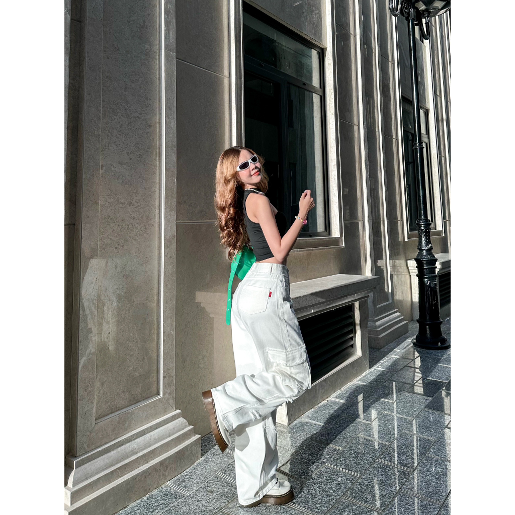 [ORLA139]QUẦN JEANS ỐNG RỘNG NỮ LƯNG CAO 2 TÚI NẮP HÔNG PHỐI RÁCH ĐÙI MÀU TRẮNG ĐEN NÂU LAI CUỐN