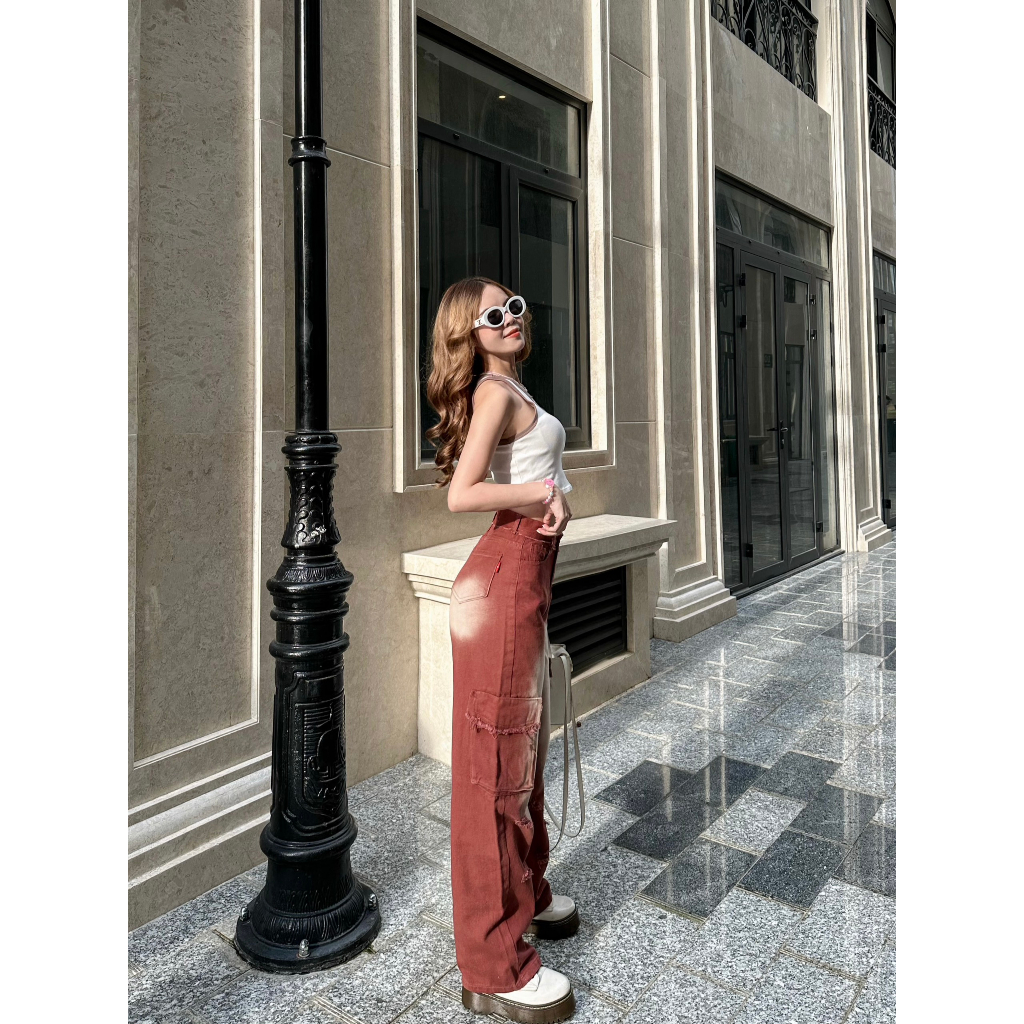 [ORLA139]QUẦN JEANS ỐNG RỘNG NỮ LƯNG CAO 2 TÚI NẮP HÔNG PHỐI RÁCH ĐÙI MÀU TRẮNG ĐEN NÂU LAI CUỐN