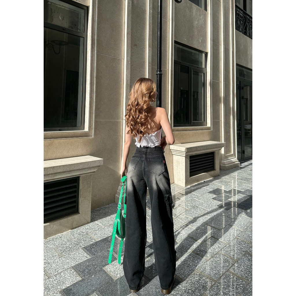 [ORLA139]QUẦN JEANS ỐNG RỘNG NỮ LƯNG CAO 2 TÚI NẮP HÔNG PHỐI RÁCH ĐÙI MÀU TRẮNG ĐEN NÂU LAI CUỐN