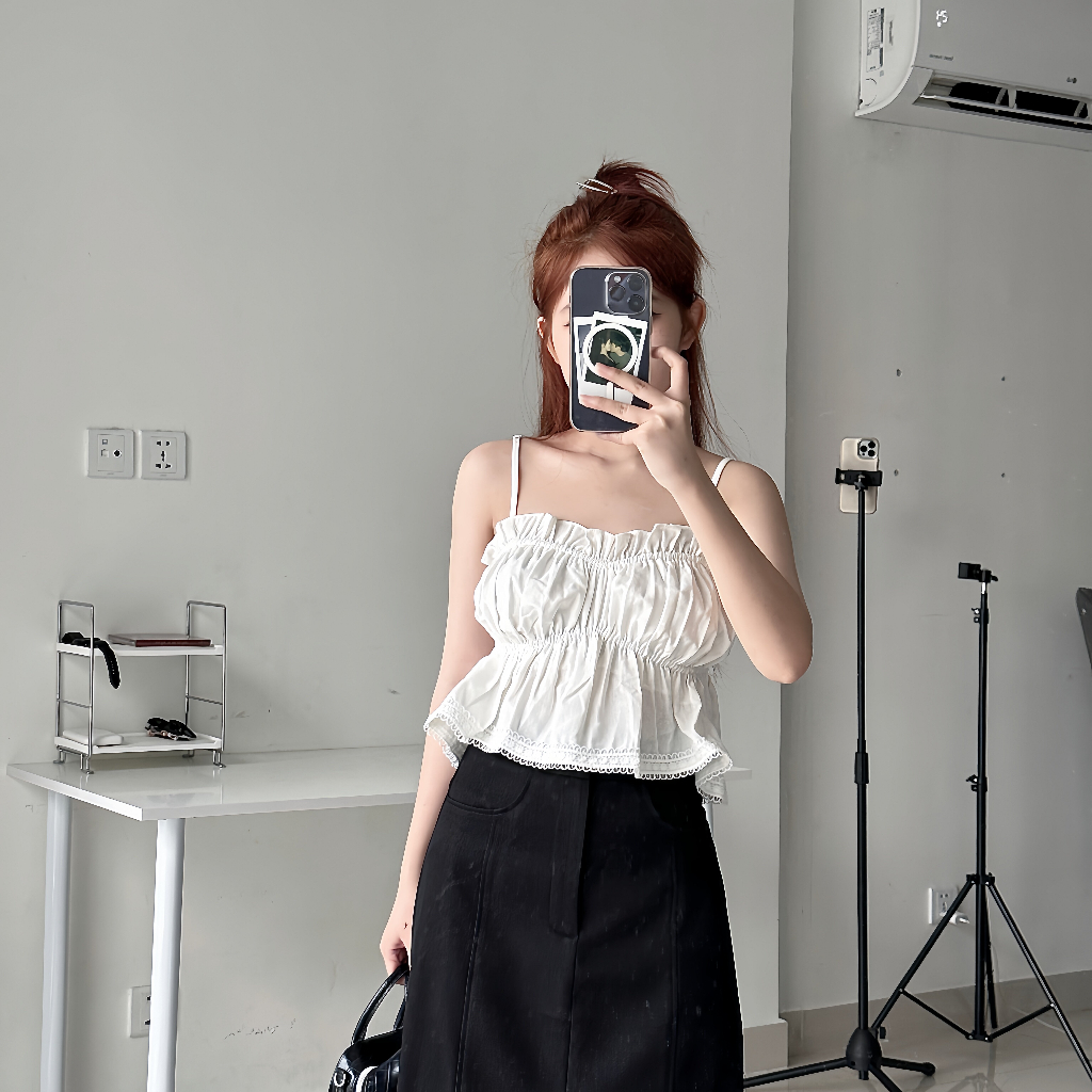Áo 2 dây croptop Zasic nhún bèo phối ren sang chảnh A04