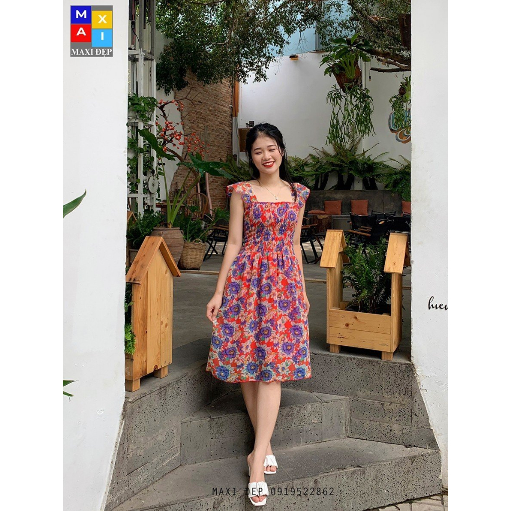 Đầm Cánh Tiên Maxi Đẹp Dài Freesize Họa Tiết Lá Hồng Xanh Tươi Mát