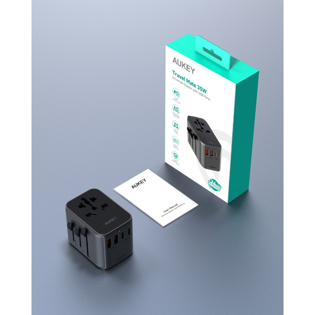 Bộ sạc đa năng nhiều cổng AUKEY PA-TA07 Sạc nhanh PD 35W 2 USB A + 3 Type C, AC - 2500W tương thích 150 Quốc gia