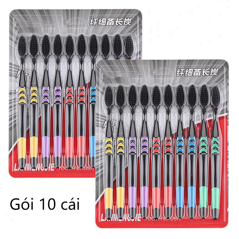 Set 8/10 Bàn Chải Đánh Răng Than Tre Tiện Lợi, Bàn chải đánh răng có thiết kế cạo lưỡi-DREAM