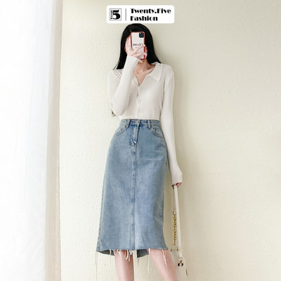 Chân váy jeans midi dáng dài gấu cắt tua rua xẻ sau phong cách Hàn Quốc Twentyfive 4109