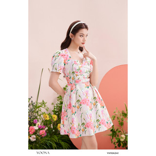 Đầm taffta nữ thiết kế cổ vuông tay ngắn hạo tiết hoa YOONA - YH10A241