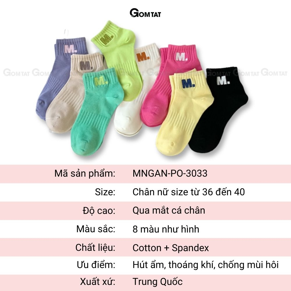 Tất cổ ngắn nữ cao cấp GOMTAT hoạ tiết chữ M, chất liệu cotton êm mềm mịn mát, co giãn bền màu - MNGAN-PO-3033-1DOI